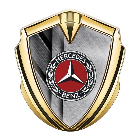 Mercedes Benz 3D Car Metal Domed Emblem Gold Crossed Plates Red Ring