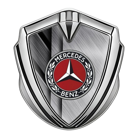 Mercedes Benz 3D Car Metal Domed Emblem Silver Crossed Plates Red Ring