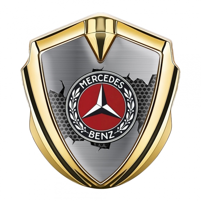 Mercedes Benz Trunk Emblem Badge Gold Cracked Metal Hex Oval Laurel