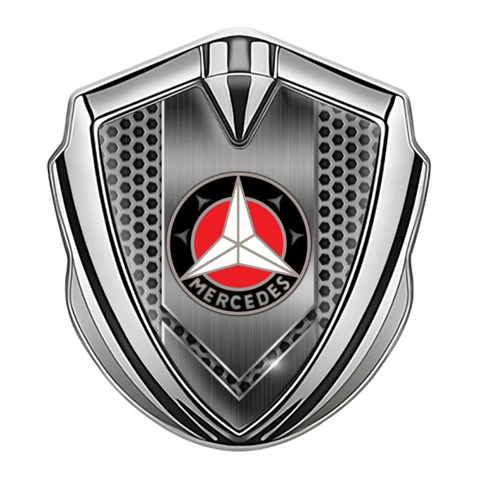 Mercedes Fender Metal Domed Emblem Silver Hex Grate Red Ring Edition