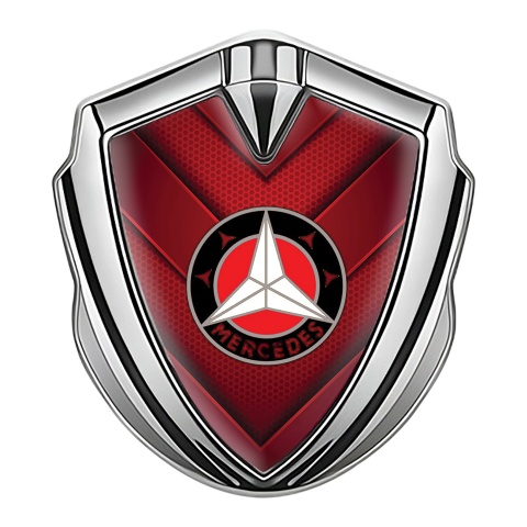 Mercedes 3D Car Metal Domed Emblem Silver V Shape Red Hex Plates