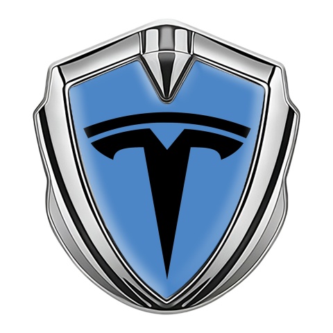 Tesla Metal Emblem Self Adhesive Silver Dodger Blue Base Black Logo