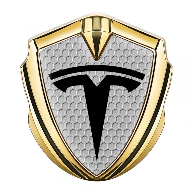 Tesla Bodyside Domed Emblem Gold Grey Honeycomb Base Black Motif