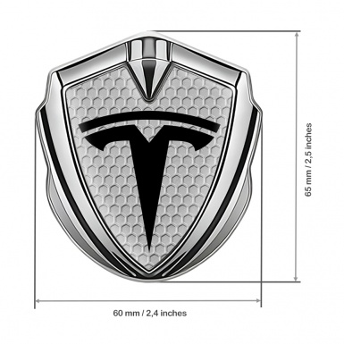 Tesla Bodyside Domed Emblem Silver Grey Honeycomb Base Black Motif