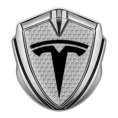 Tesla Bodyside Domed Emblem Silver Grey Honeycomb Base Black Motif