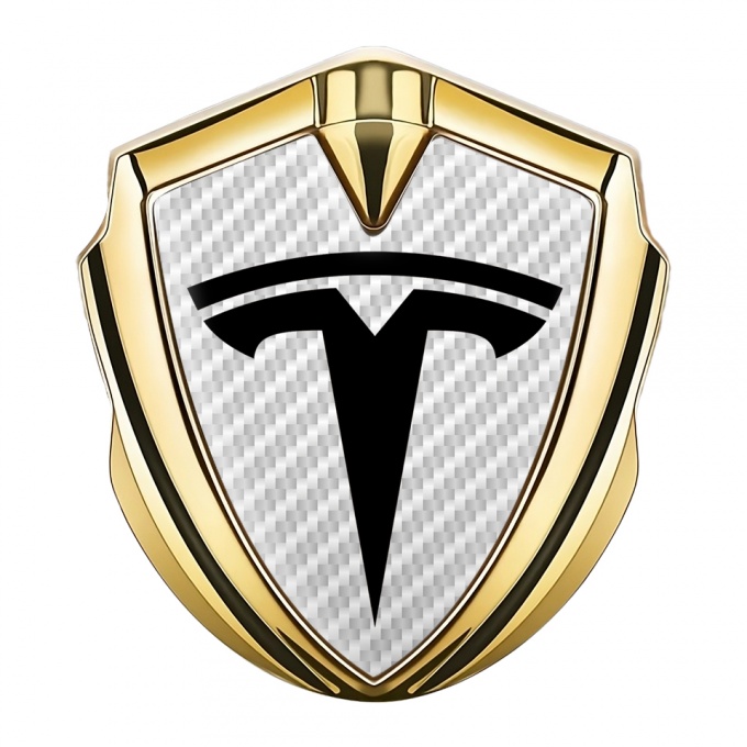 Tesla Bodyside Badge Self Adhesive Gold White Carbon Base Black Motif