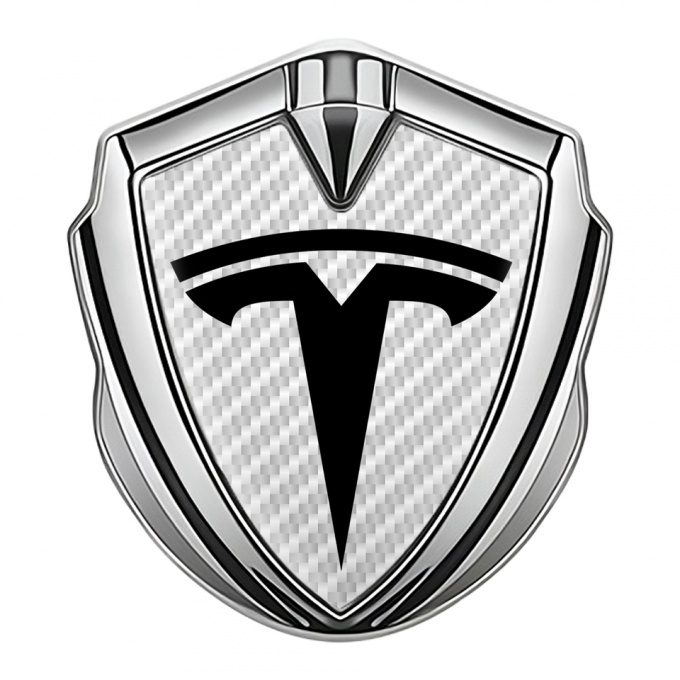 Tesla Bodyside Badge Self Adhesive Silver White Carbon Base Black Motif