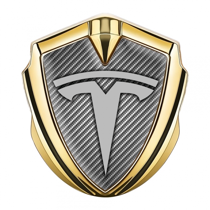 Tesla Fender Metal Domed Emblem Gold Light Carbon Base Grey Logo