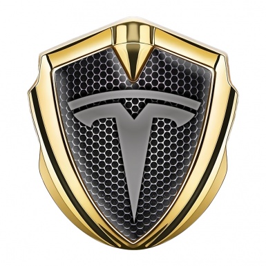 Tesla Metal Emblem Self Adhesive Gold Honeycomb Base Grey Logo Design