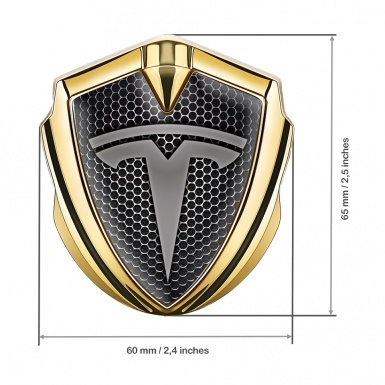 Tesla Metal Emblem Self Adhesive Gold Honeycomb Base Grey Logo Design