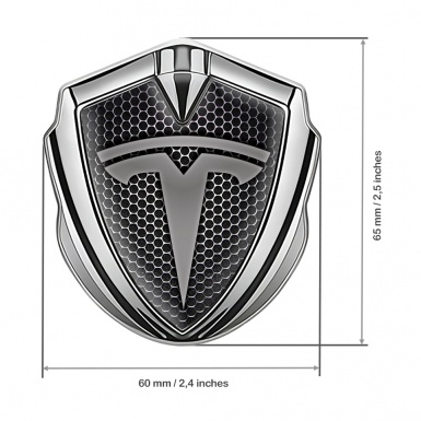 Tesla Metal Emblem Self Adhesive Silver Honeycomb Base Grey Logo Design