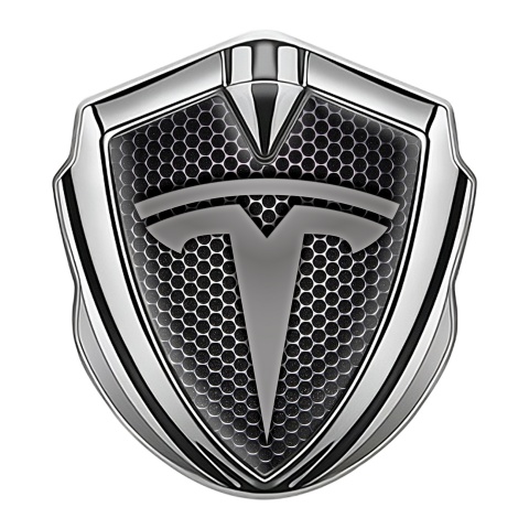 Tesla Metal Emblem Self Adhesive Silver Honeycomb Base Grey Logo Design