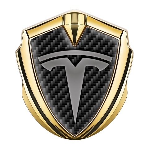 Tesla 3D Car Metal Domed Emblem Gold Dark Carbon Grey Logo Edition