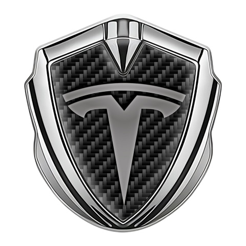 Tesla 3D Car Metal Domed Emblem Silver Dark Carbon Grey Logo Edition