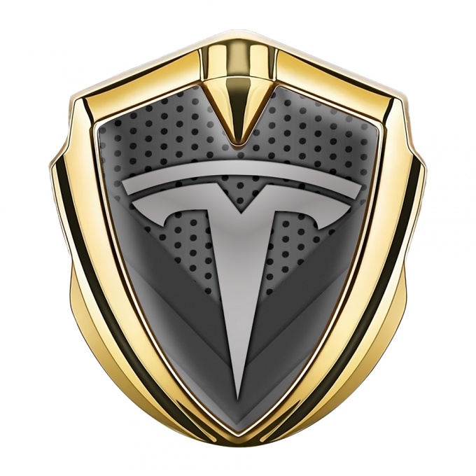 Tesla Tuning Emblem Self Adhesive Gold Dark Grate V Shapes Grey Logo