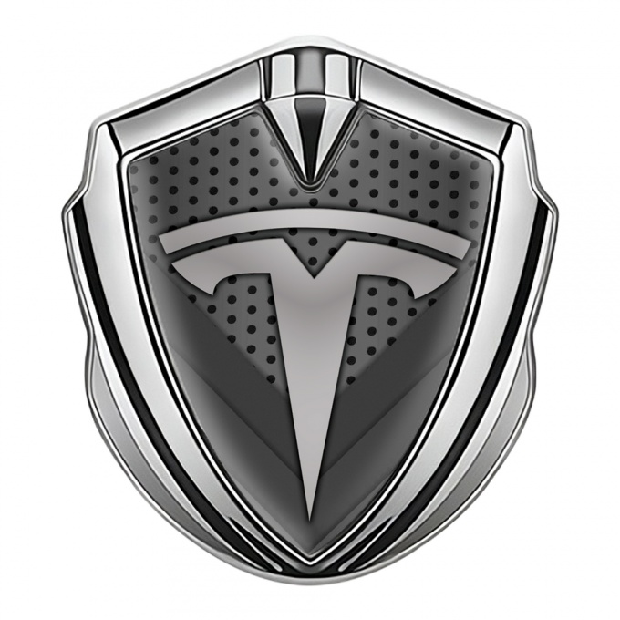 Tesla Tuning Emblem Self Adhesive Silver Dark Grate V Shapes Grey Logo