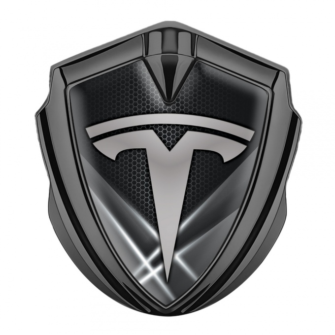 Tesla Fender Metal Domed Emblem Graphite Grey Hex Outer Glow Effect
