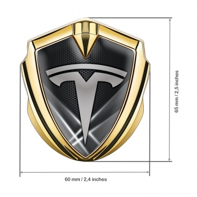 Tesla Fender Metal Domed Emblem Gold Grey Hex Outer Glow Effect