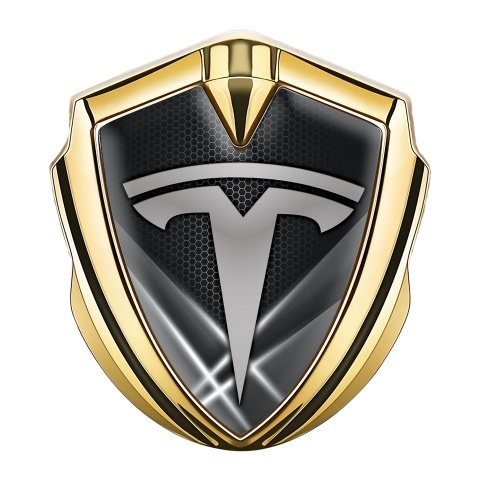 Tesla Fender Metal Domed Emblem Gold Grey Hex Outer Glow Effect