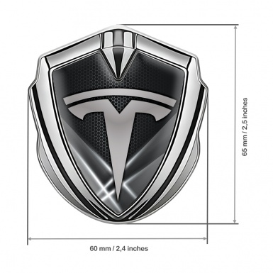 Tesla Fender Metal Domed Emblem Silver Grey Hex Outer Glow Effect