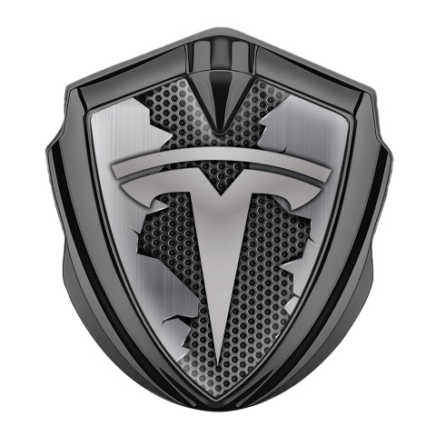 Tesla 3D Car Metal Domed Emblem Graphite Honeycomb Torn Steel Edition