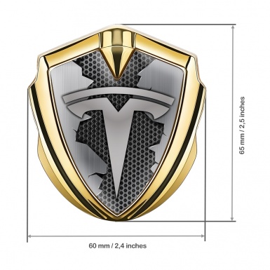 Tesla 3D Car Metal Domed Emblem Gold Honeycomb Torn Steel Edition