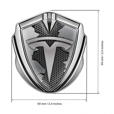 Tesla 3D Car Metal Domed Emblem Silver Honeycomb Torn Steel Edition