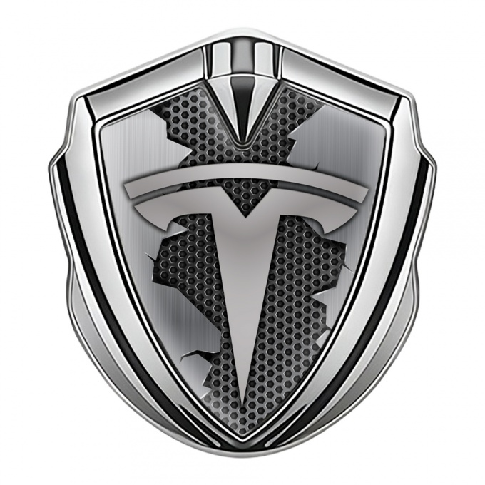 Tesla 3D Car Metal Domed Emblem Silver Honeycomb Torn Steel Edition