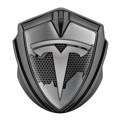 Tesla Bodyside Domed Emblem Graphite Dark Hexagon Cracked Metal Design