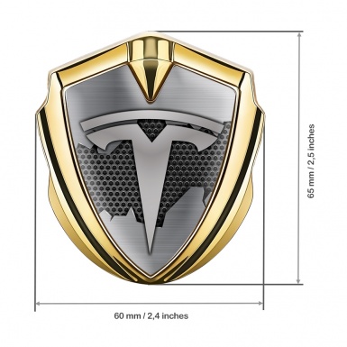 Tesla Bodyside Domed Emblem Gold Dark Hexagon Cracked Metal Design