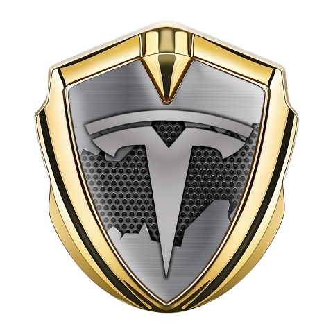 Tesla Bodyside Domed Emblem Gold Dark Hexagon Cracked Metal Design