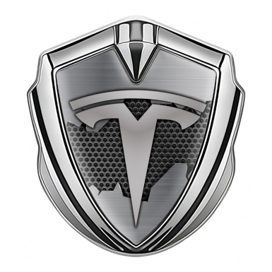 Tesla Bodyside Domed Emblem Silver Dark Hexagon Cracked Metal Design