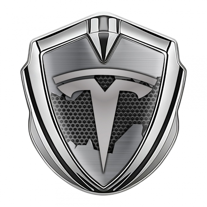 Tesla Bodyside Domed Emblem Silver Dark Hexagon Cracked Metal Design