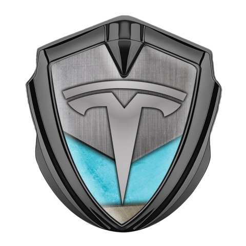 Tesla Fender Emblem Badge Graphite Grey Plate Aquamarine Blue Motif