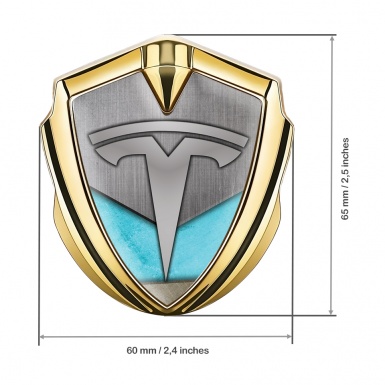 Tesla Fender Emblem Badge Gold Grey Plate Aquamarine Blue Motif