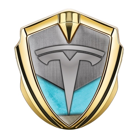 Tesla Fender Emblem Badge Gold Grey Plate Aquamarine Blue Motif