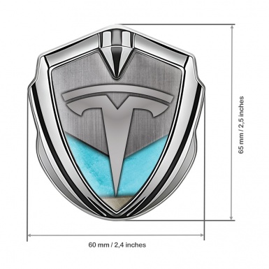 Tesla Fender Emblem Badge Silver Grey Plate Aquamarine Blue Motif