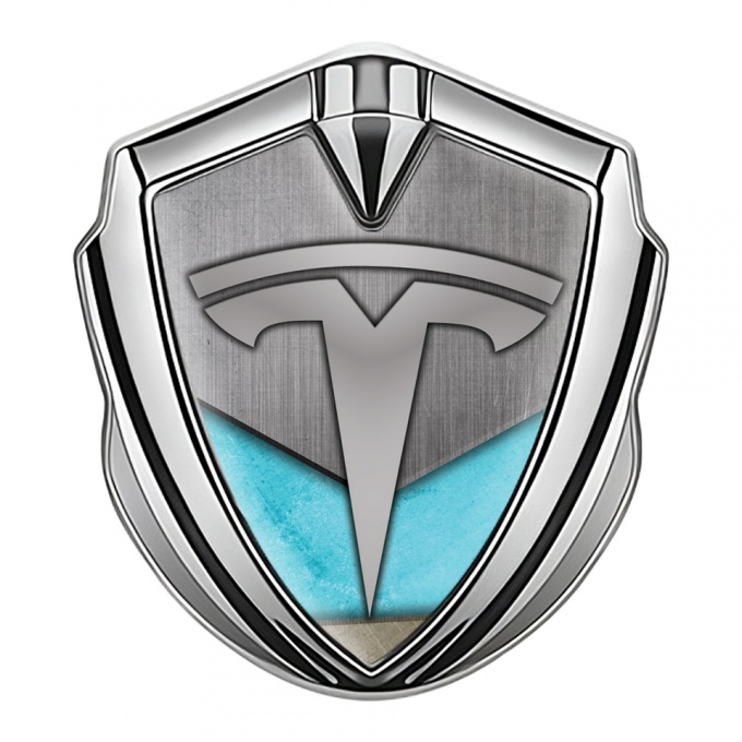 Tesla Fender Emblem Badge Silver Grey Plate Aquamarine Blue Motif