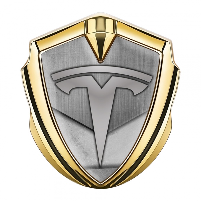 Tesla Bodyside Badge Self Adhesive Gold Metal Plank Grey Logo Design