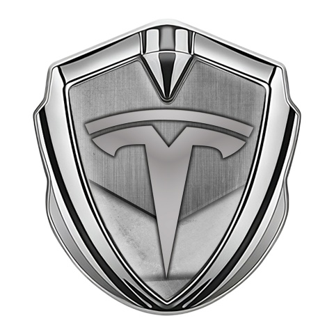 Tesla Bodyside Badge Self Adhesive Silver Metal Plank Grey Logo Design