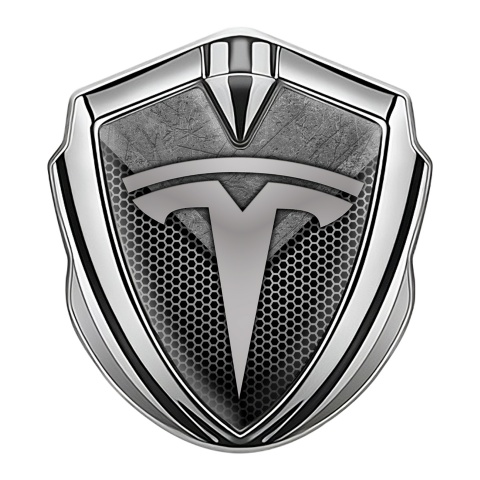 Tesla Tuning Emblem Self Adhesive Silver Honeycomb Metal Slab Motif
