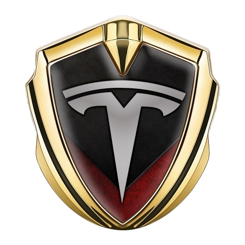 Tesla Fender Metal Domed Emblem Gold Striped Plate Red Grunge Facet