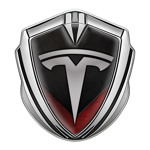 Tesla Fender Metal Domed Emblem Silver Striped Plate Red Grunge Facet