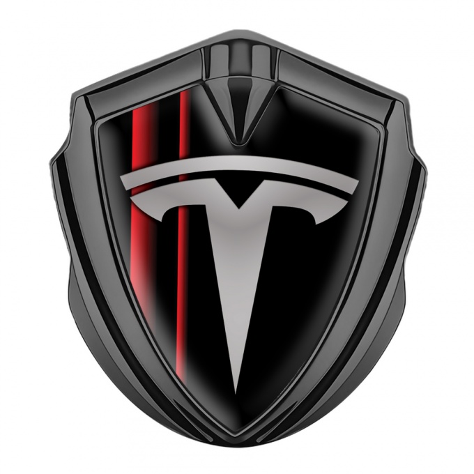 Tesla Trunk Metal Emblem Badge Graphite Black Red Vivid Stripes Design