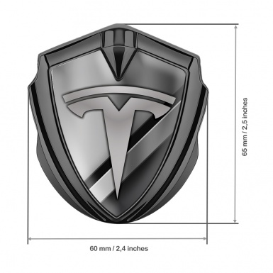 Tesla Fender Emblem Badge Graphite Grey Striped Base Grey Logo Motif