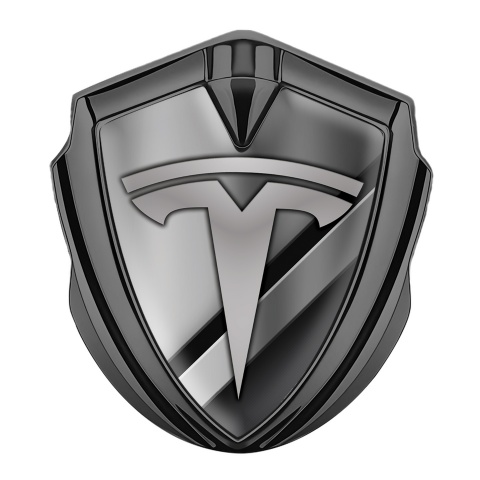 Tesla Fender Emblem Badge Graphite Grey Striped Base Grey Logo Motif
