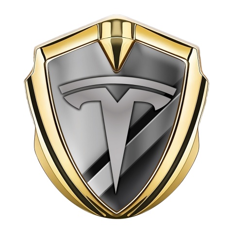 Tesla Fender Emblem Badge Gold Grey Striped Base Grey Logo Motif
