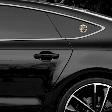 Tesla Fender Emblem Badge Gold Grey Striped Base Grey Logo Motif