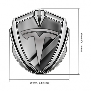 Tesla Fender Emblem Badge Silver Grey Striped Base Grey Logo Motif