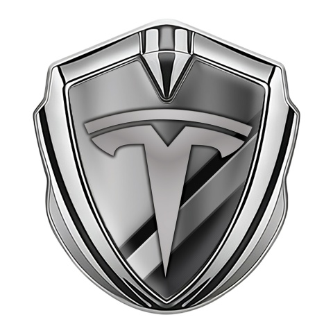 Tesla Fender Emblem Badge Silver Grey Striped Base Grey Logo Motif